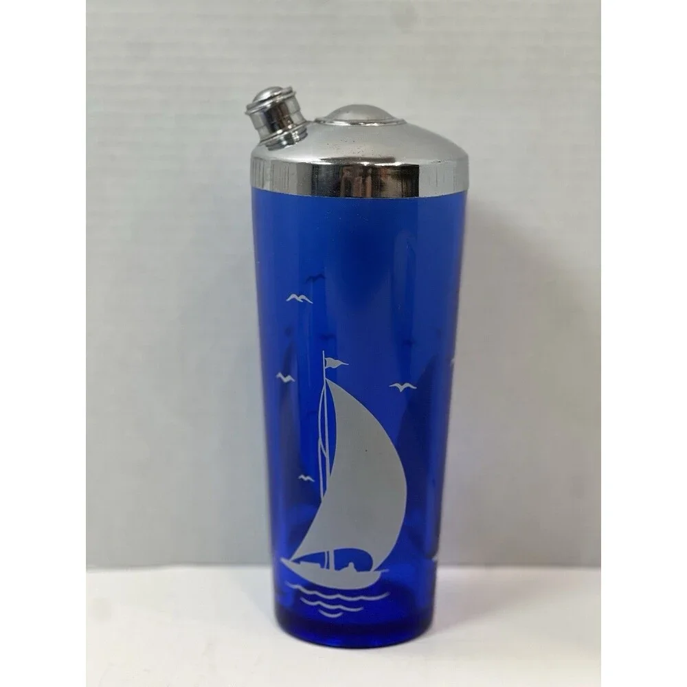 Vintage Hazel Atlas Cobalt Blue Cocktail Shaker glasses ice bucket Sailboat